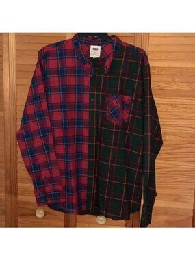 Levi Two Tone Plaid Print Utility 1 Pocket Long Sleeve Button Up Shirt Size XXL